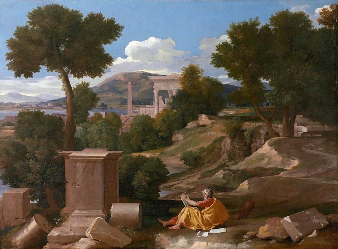 Nicolas Poussin Landscape with Saint John on Patmos 1640 classical landscape ruins Revelation writing