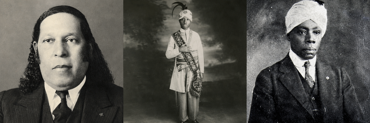 Historic portraits of Black mystics of Harlem, featuring Sweet Daddy Grace, Noble Drew Ali, and Arnold Josiah Ford
