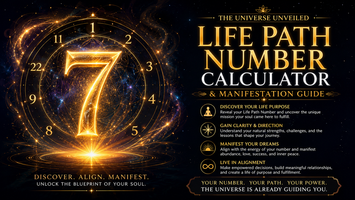 Glowing golden life path number on a dark cosmic background for The Universe Unveiled life path number calculator and manifestation guide.