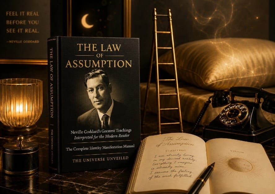 Luxury black and gold Law of Assumption book beside a ladder, journal, and vintage telephone representing Neville Goddard methods