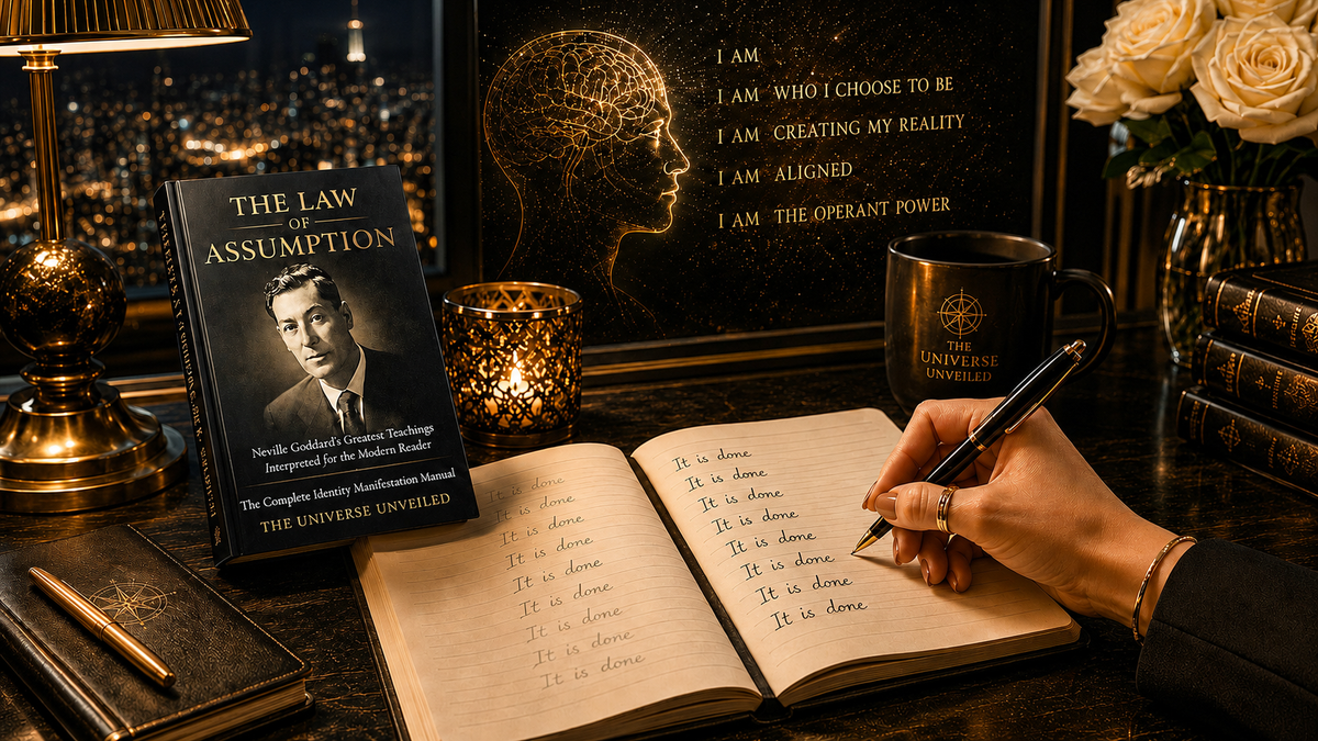 Neville Goddard robotic affirming technique with Law of Assumption book and repeated It is done affirmations