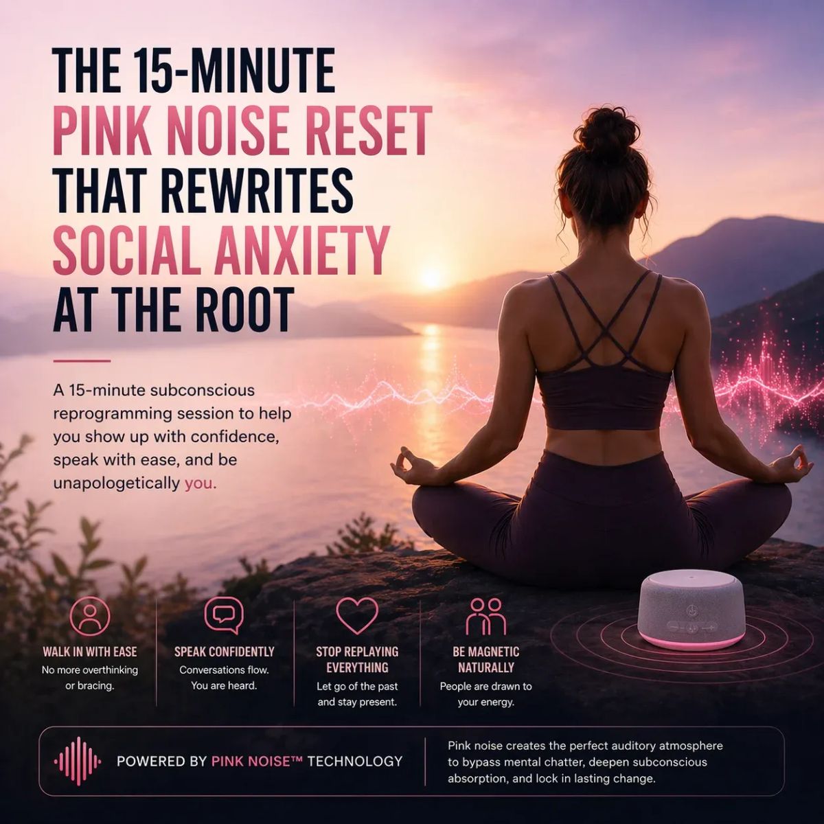 Pink noise meditation for social confidence and subconscious reprogramming, showing a woman meditating at sunrise to release social anxiety and feel safe being seen.