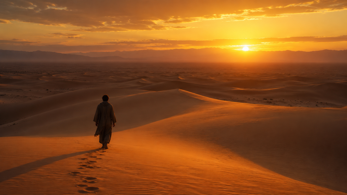 Lone figure walking across Sahara desert dunes at golden hour — a deep reading of The Alchemist by Paulo Coelho