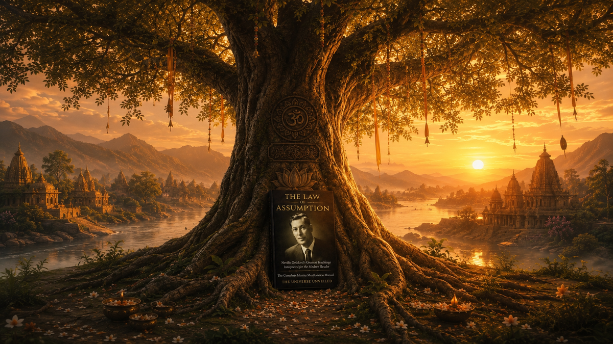 Kalpavriksha, the Vedic desire tree, illustrating the ancient root of manifestation and the Law of Assumption book by The Universe Unveiled. 
