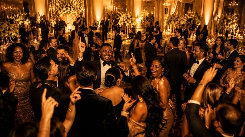 Joyful packed wedding dance floor in warm golden light manifested through the Law of Assumption