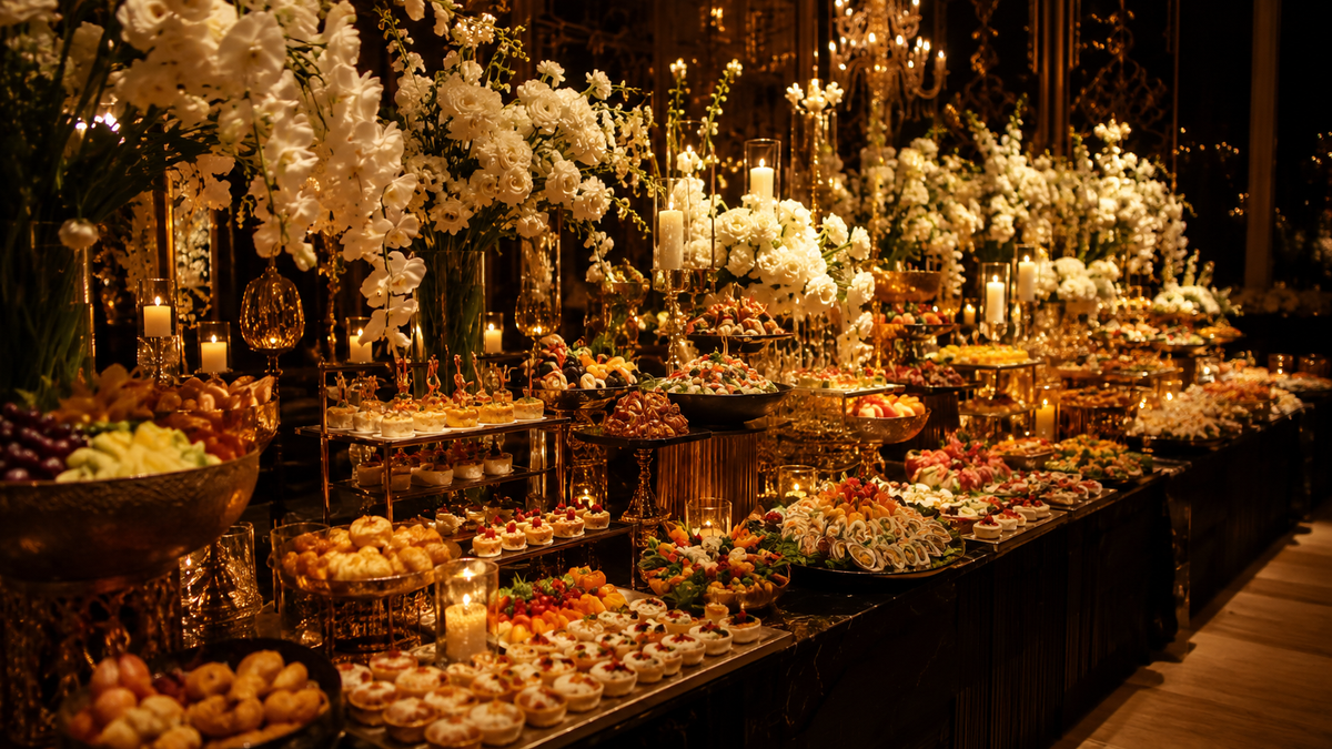 Abundant wedding feast table in warm golden light manifested through the Law of Assumption