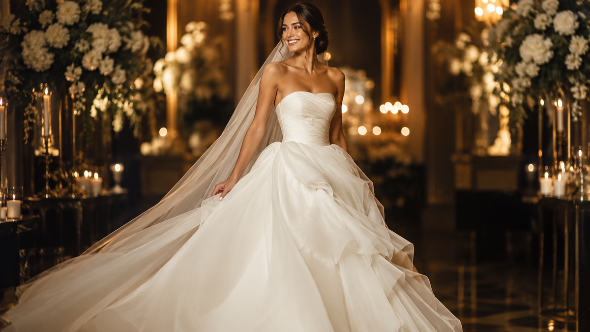 Bride in a flowing gown in soft golden light manifesting the perfect wedding dress