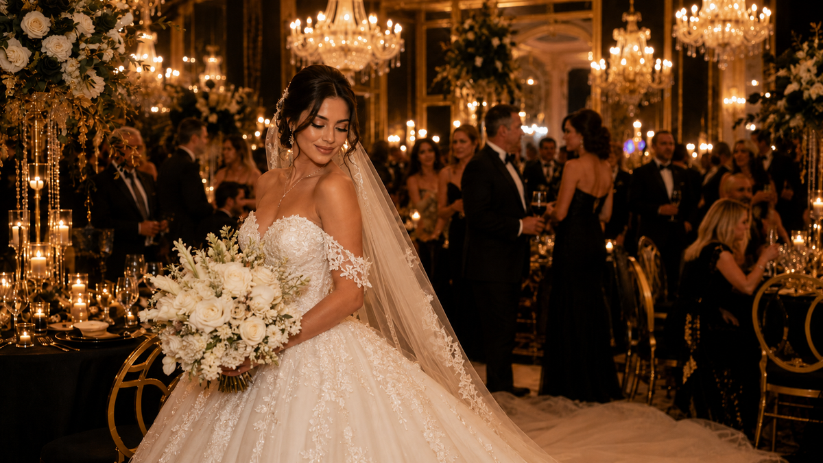 Bride in soft golden light at a dream wedding manifested through the Law of Assumption, black and gold