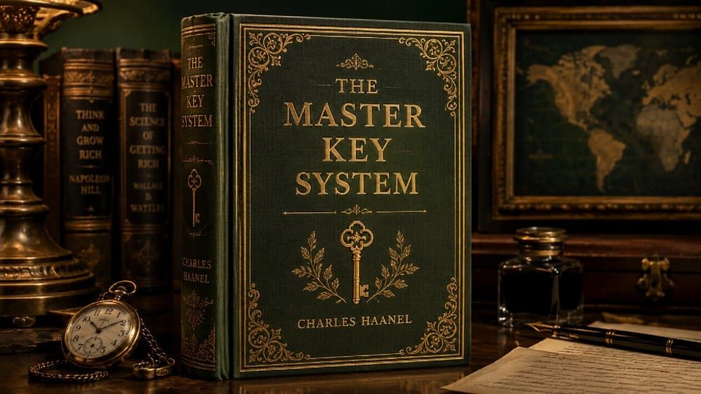 Vintage edition of Charles Haanel's The Master Key System set against a dark green and gold background