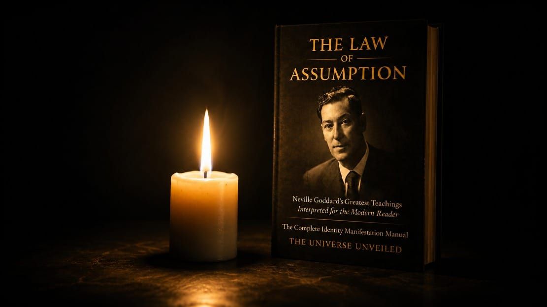 Single candle burning in darkness with The Universe Unveiled Law of Assumption book in view, symbolizing the one core principle beneath all of Neville Goddard's manifestation techniques