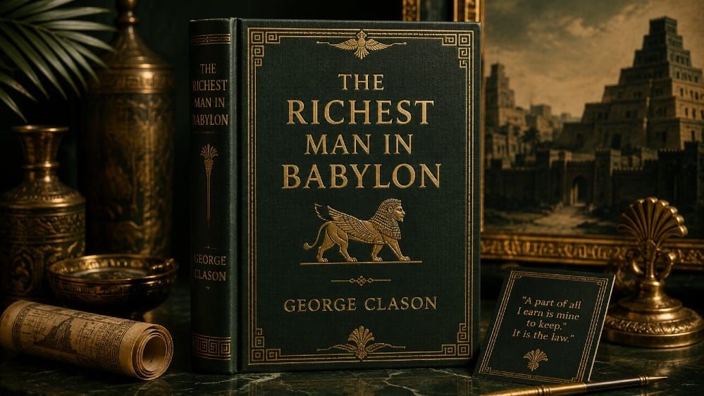 Vintage edition of George Clason's The Richest Man in Babylon set against a dark green and gold background