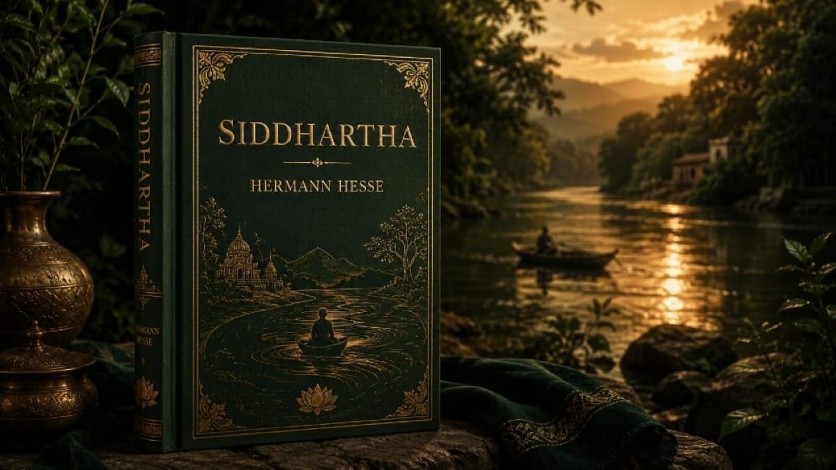 Vintage edition of Hermann Hesse's Siddhartha set against a dark green and gold river background