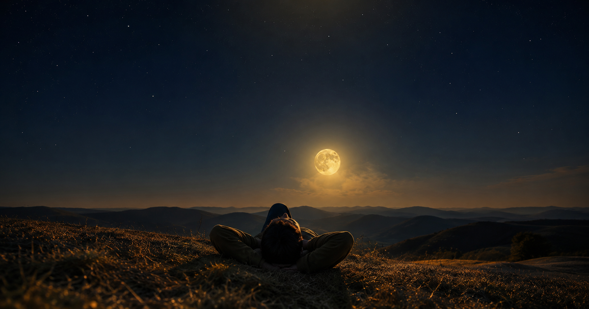 Person lying back on a hilltop at night gazing up at a large golden moon haloed in mist, under a deep indigo sky scattered with faint gold stars