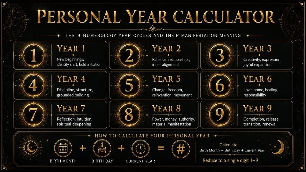 Personal year calculator in black and gold showing the nine numerology year cycles and their manifestation meaning