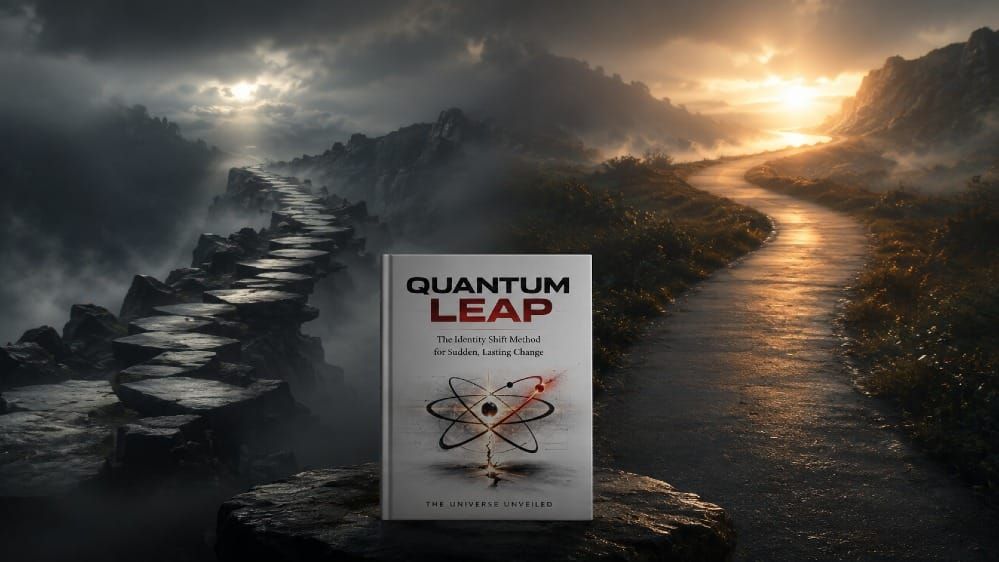 Two diverging paths in low light representing the difference between quantum jumping and quantum leaping in manifestation