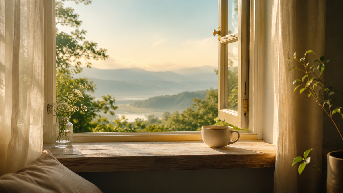 A calm open window at soft morning light with a still cup of tea on the sill — the quiet ease of feeling fine in Abraham Hicks' teachings.