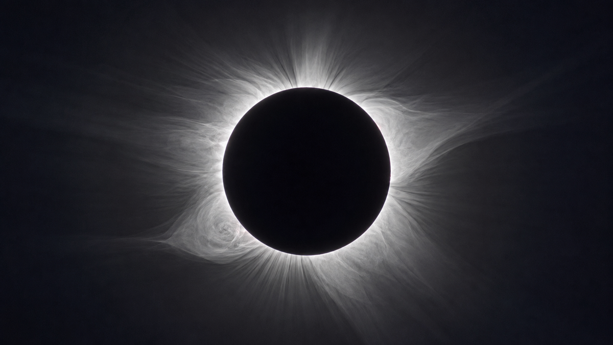 La corona solar ardiendo alrededor del disco negro de la Luna durante el eclipse solar total del 12 de agosto de 2026