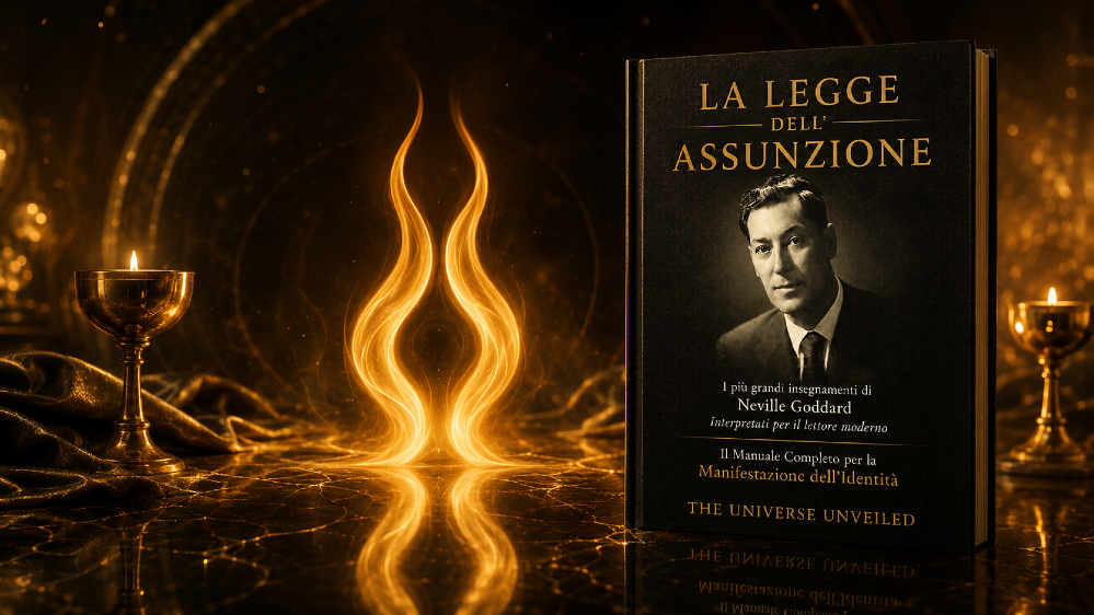 Due fiamme riflesse su una superficie scura e dorata — l'unione delle fiamme gemelle letta come stato di coscienza secondo la Legge dell'Assunzione di Neville Goddard