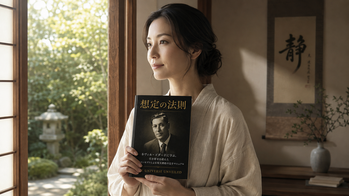 静かな窓辺に立つ女性と、その手にある日本語版『想定の法則』— ネヴィル・ゴダードが説いたセルフコンセプトによる現実創造を表すイメージ