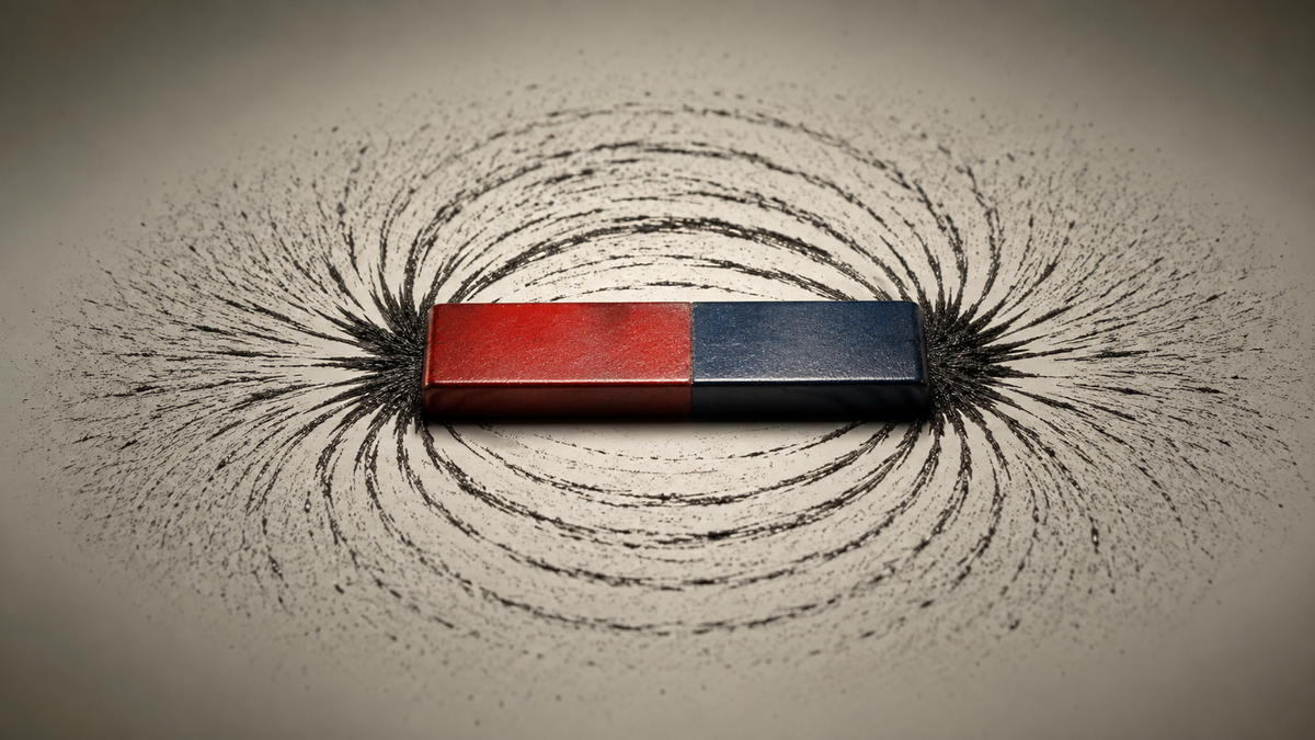 Bar magnet drawing iron filings into field lines — the central metaphor of The Secret by Rhonda Byrne, examined in a deep reading