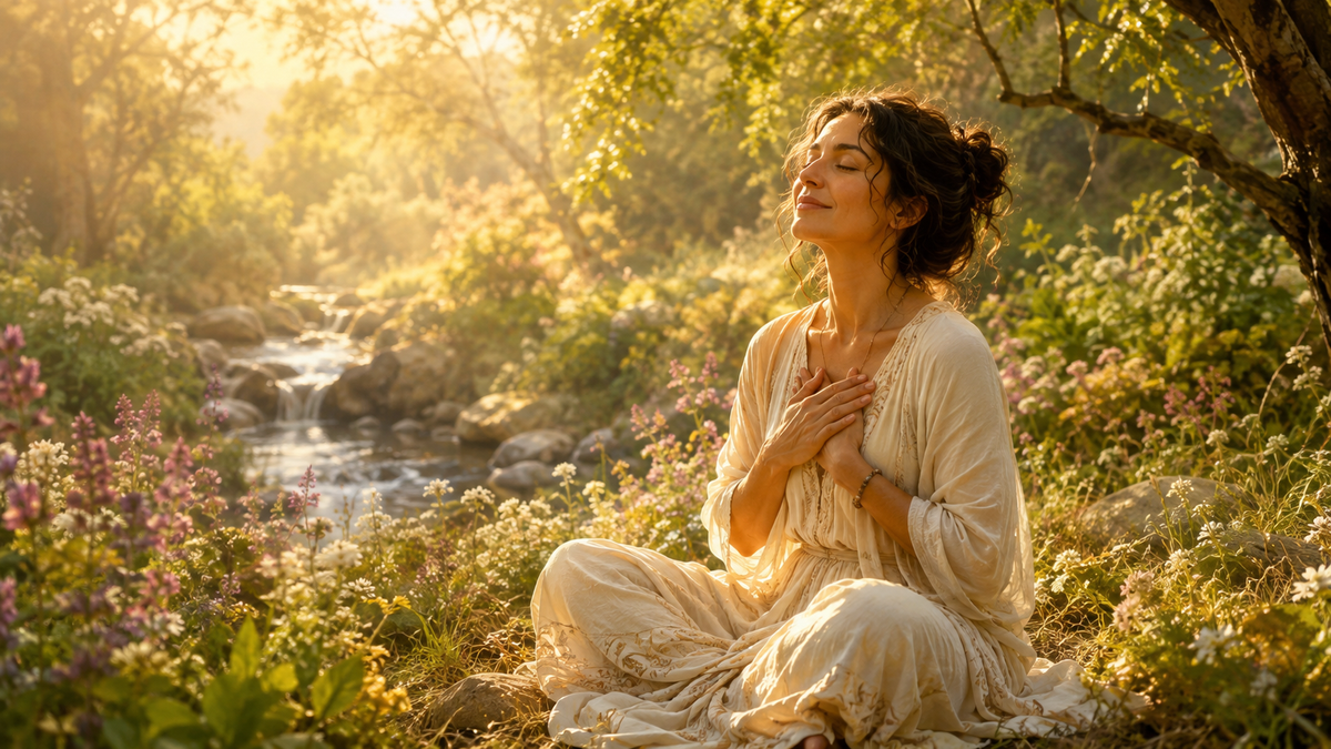 Woman meditating in a sunlit meadow with her hands over her heart, symbolizing self-healing, inner peace, and personal transformation.