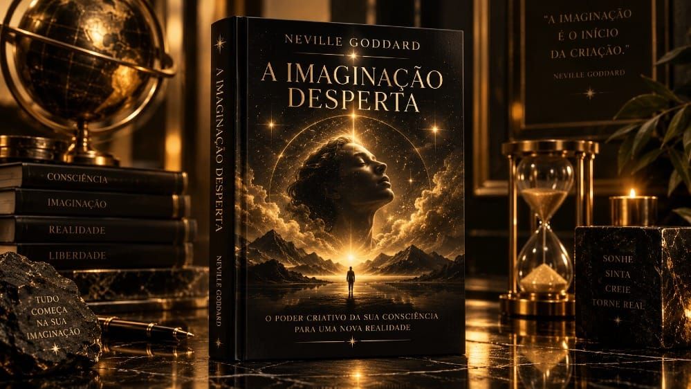 Capa do livro A Imaginação Desperta de Neville Goddard sobre fundo escuro com detalhes dourados
