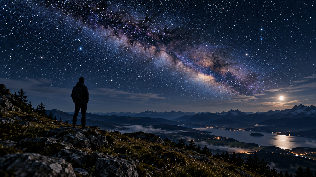 : A lone figure on a rocky ridge at night looking out over a moonlit valley beneath the Milky Way