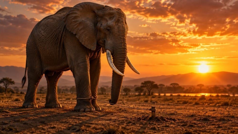 Un elefante adulto legato con una corda sottile a un piccolo paletto di legno nella savana al tramonto, simbolo della storia dell'elefante incatenato