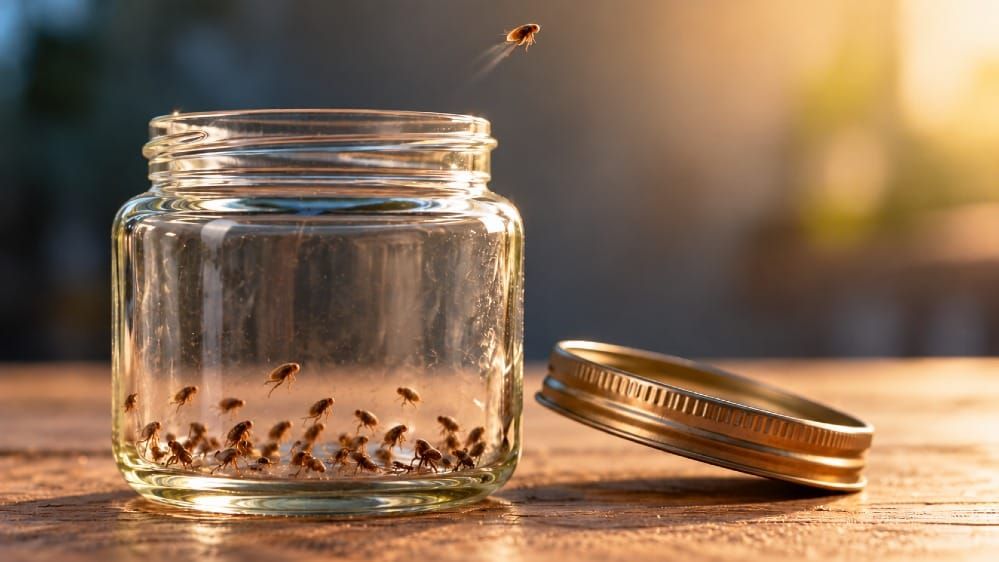 Fleas at the bottom of an open glass jar with the lid on the table beside it, while one flea jumps out over the rim