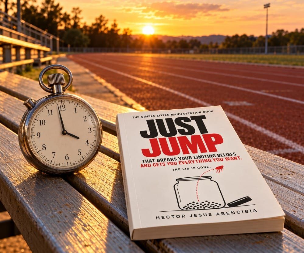 A vintage stopwatch with its hands just short of four, resting on a wooden bench beside an empty running track at sunset, next to a copy of Just Jump by Hector Jesus Arencibia