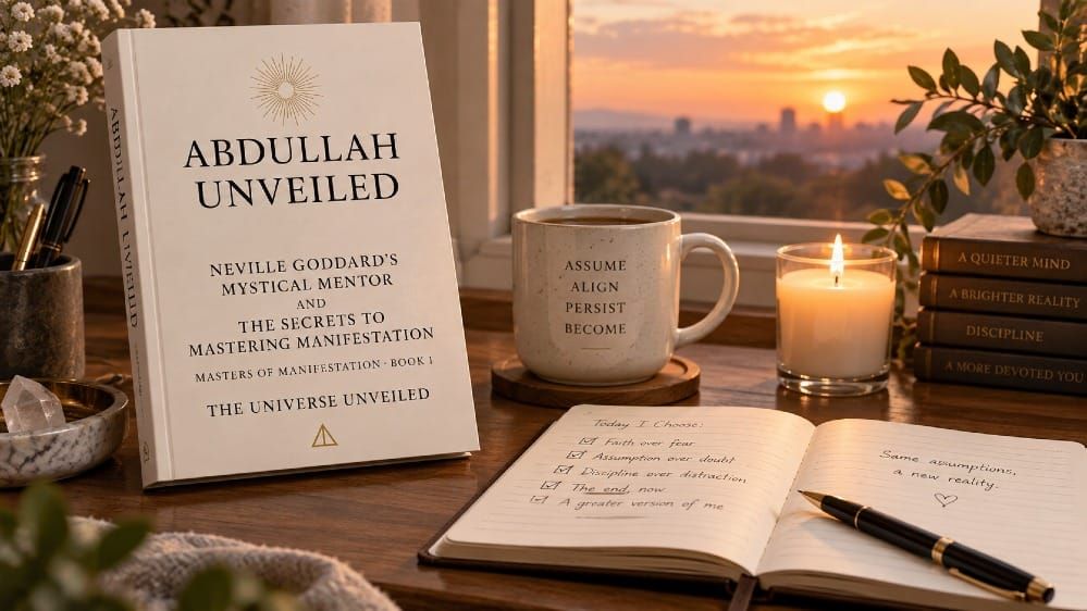 A journal and a lit candle on a desk at dawn, symbolizing a four-month Great Lock-In built on Neville Goddard's Law of Assumption