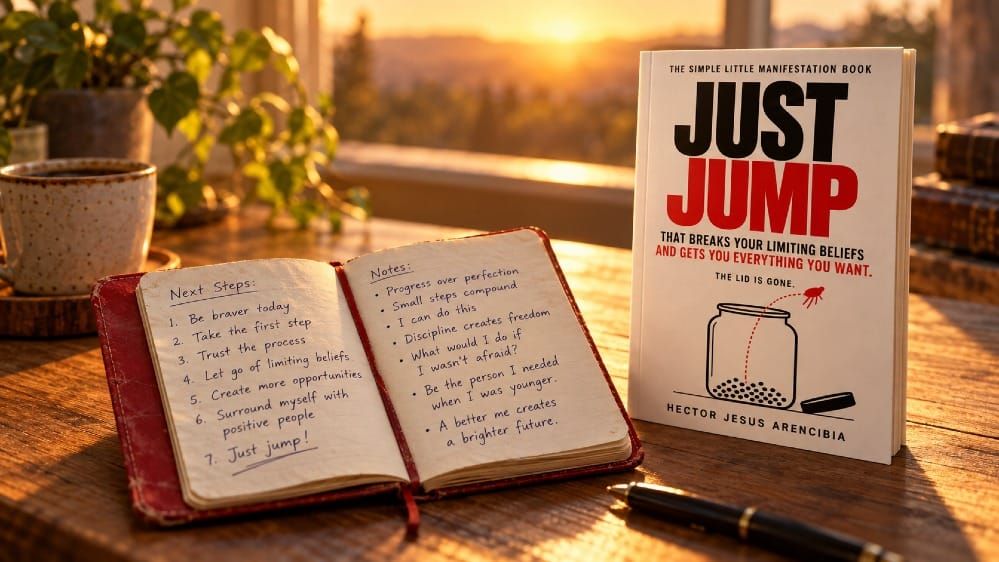 A worn red notebook open on a wooden desk to a handwritten list of next steps ending with "Just jump," beside a copy of Just Jump by Hector Jesus Arencibia at sunset