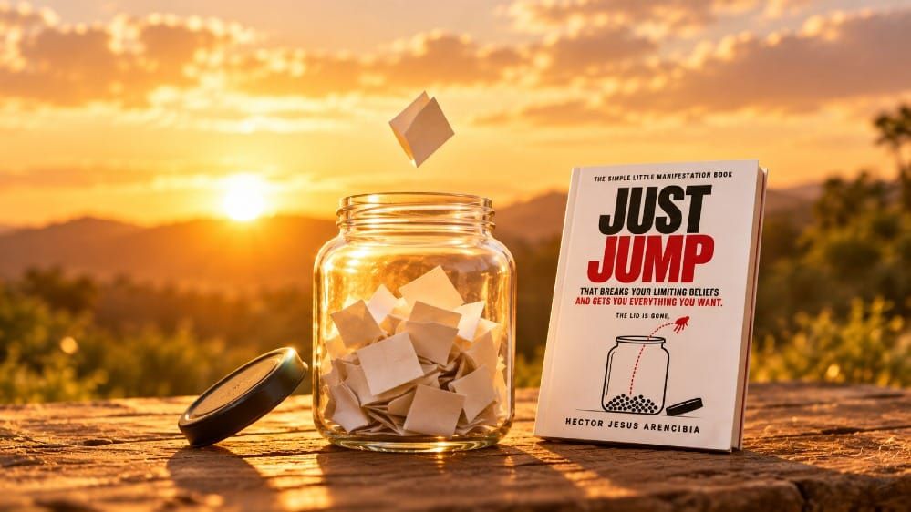 An open glass jar full of folded paper notes with one note floating out over the rim, beside a copy of Just Jump by Hector Jesus Arencibia