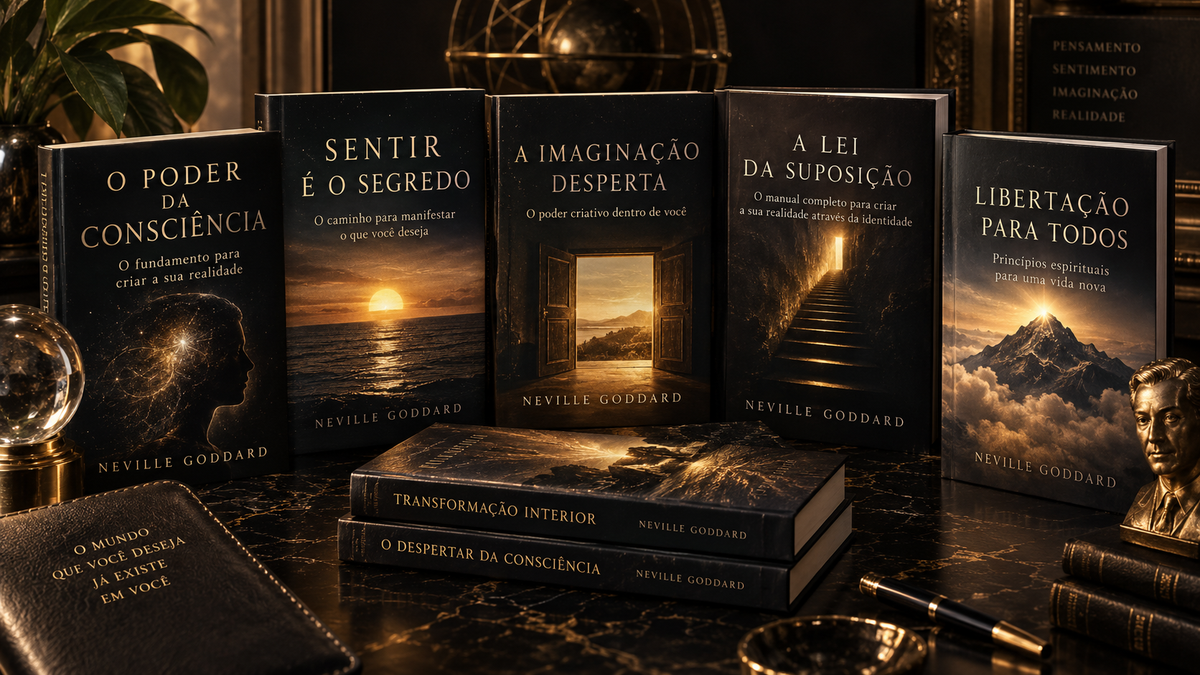 Coleção de livros de Neville Goddard dispostos sobre fundo escuro com detalhes dourados