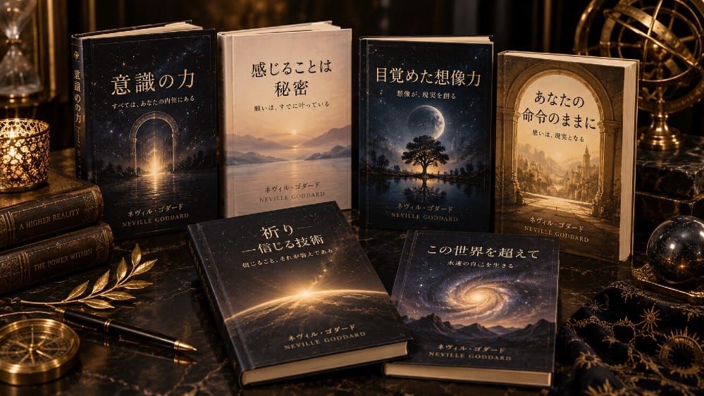 暗い背景に金色の装飾とともに並べられたネヴィル・ゴダードの著作