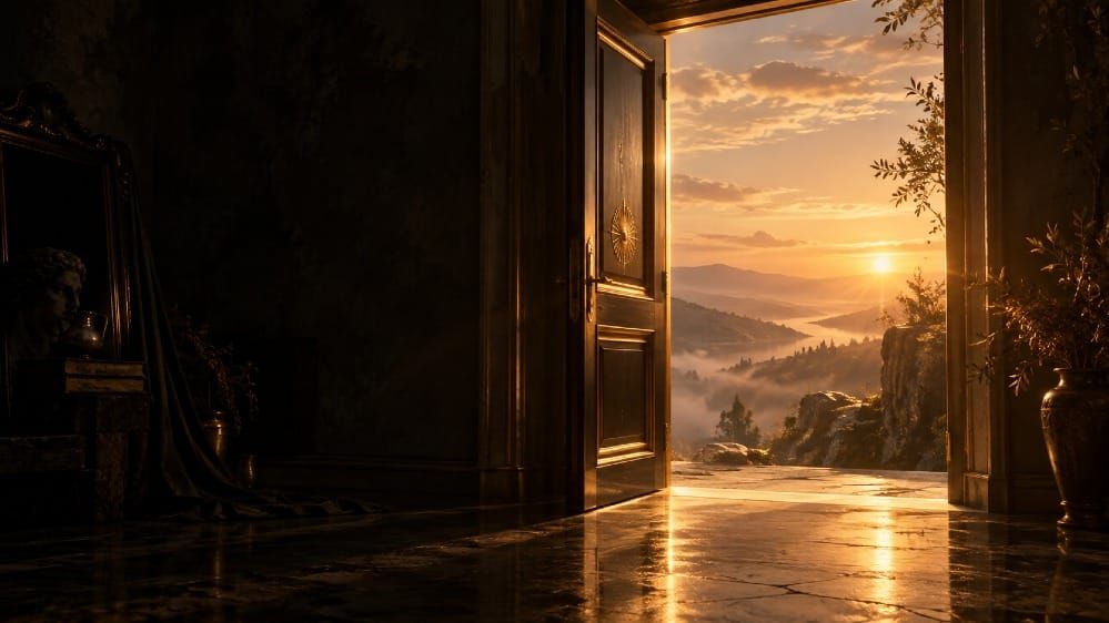 Una porta socchiusa nella luce dorata, un lato in ombra e uno nell'alba — il portale 9/9 inteso come l'abbandono di un vecchio stato nella Legge dell'Assunzione di Neville Goddard