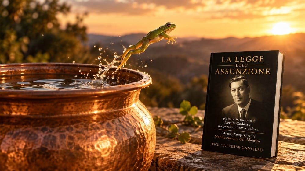 Una rana verde che salta fuori da una pentola di rame piena d'acqua al tramonto sulle colline, accanto al libro La Legge dell'Assunzione di The Universe Unveiled