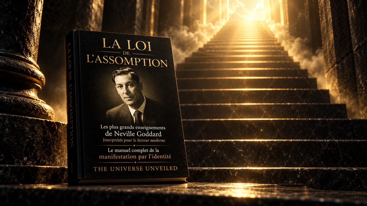 Escalier sombre montant vers une lumière dorée, symbole du passage d'un état de conscience à un autre