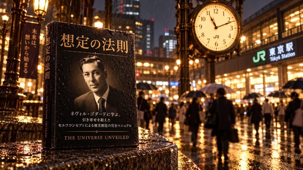 雨の東京駅前で11:11を指す時計と、石の台に置かれた『想定の法則』