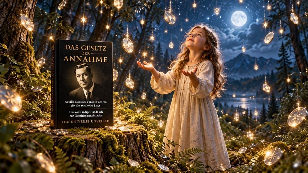 Ein Mädchen im Leinenkleid fängt nachts im Wald die fallenden Sterntaler auf, daneben Das Gesetz der Annahme von The Universe Unveiled