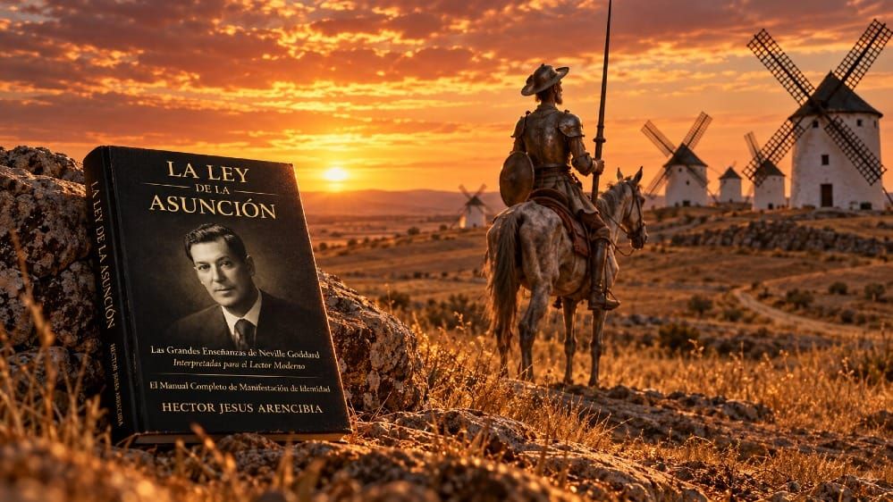 Don Quijote con armadura sobre su caballo, contemplando los molinos de viento de La Mancha al atardecer, con el libro La Ley de la Asunción apoyado sobre una roca en primer plano