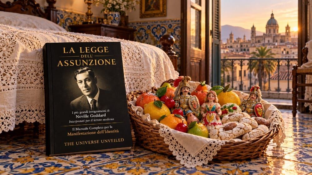 Il libro La Legge dell’Assunzione accanto a un cesto di frutta martorana e pupi di zucchero, in una camera siciliana con vista su Palermo all’alba