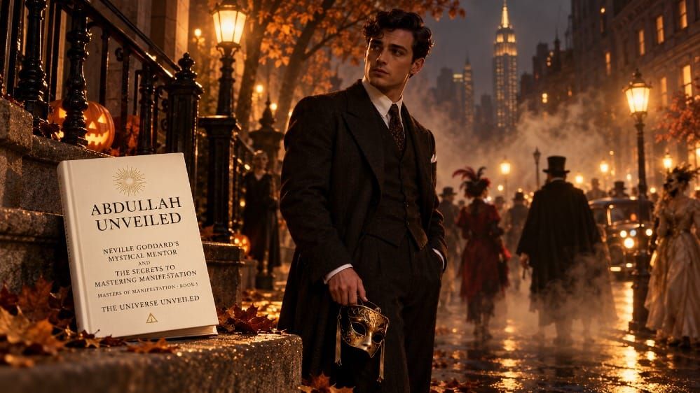 A young man in a dark 1930s suit holds a carnival mask on a misty Halloween night in New York, surrounded by costumed figures, with Abdullah Unveiled by The Universe Unveiled on a stone