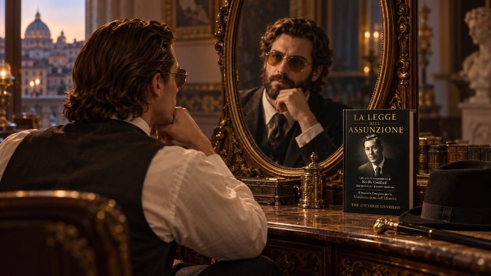 Mattia Pascal davanti a uno specchio a Roma, il riflesso con la barba di prima e il libro La Legge dell’Assunzione sul comò
