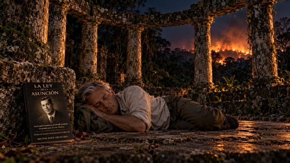 Hombre dormido en un templo circular en ruinas junto a La Ley de la Asunción, con la selva en llamas al fondo
