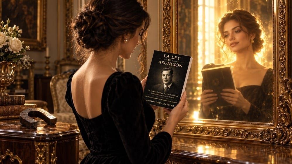 Mujer frente a un espejo dorado con el libro La Ley de la Asunción y un imán de herradura sobre la mesa