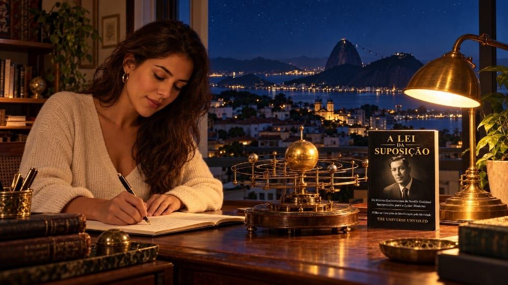 Uma mulher escreve num caderno à noite ao lado de um planetário de latão e do livro A Lei da Suposição, com o Pão de Açúcar ao fundo