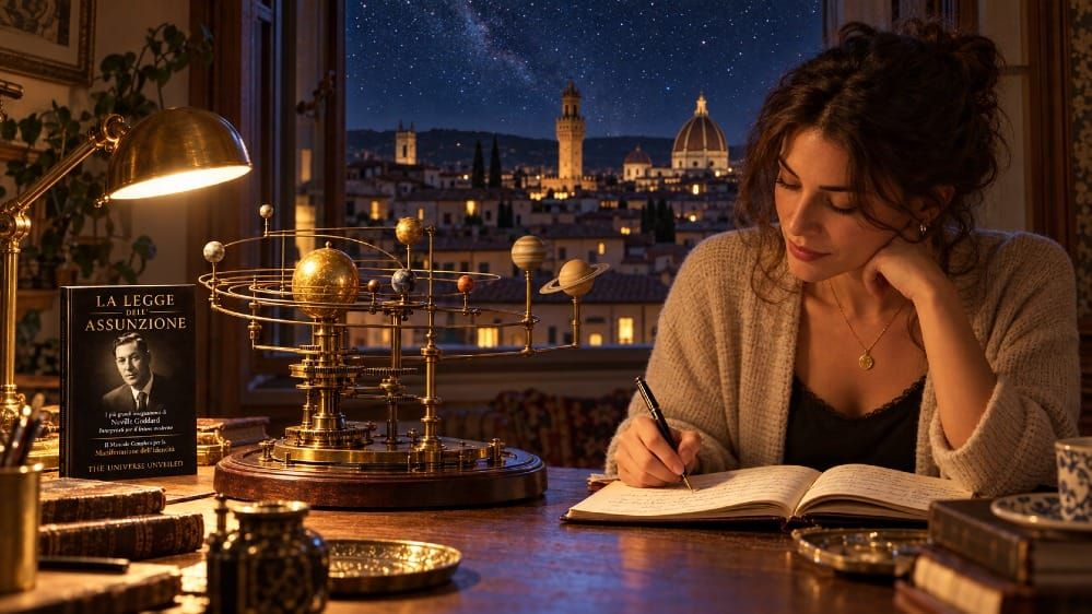 Una donna scrive un diario di notte accanto a un planetario di ottone e al libro La Legge dell’Assunzione, sotto il cielo stellato di Firenze