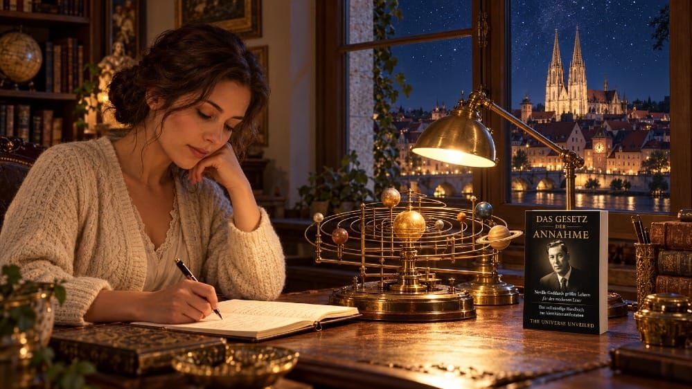 Eine Frau schreibt nachts in ein Notizbuch neben einem Messing-Planetarium und dem Buch Das Gesetz der Annahme, dahinter der Regensburger Dom