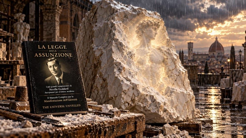 Il David di Michelangelo visibile dentro un blocco di marmo grezzo sotto la pioggia in un cortile fiorentino, accanto al libro La Legge dell'Assunzione di The Universe Unveiled